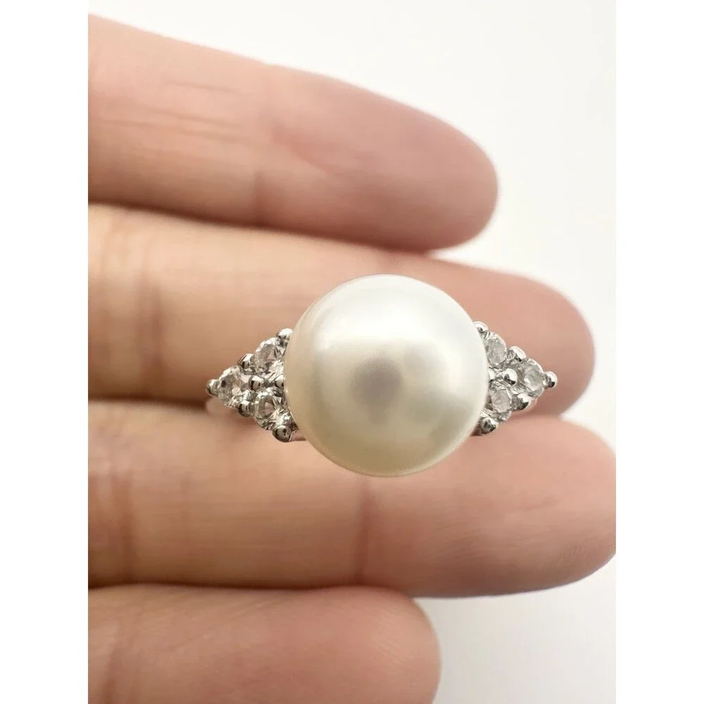 CP 925 sterling silver freshwater pearl & cubic zirconia ring Size 7